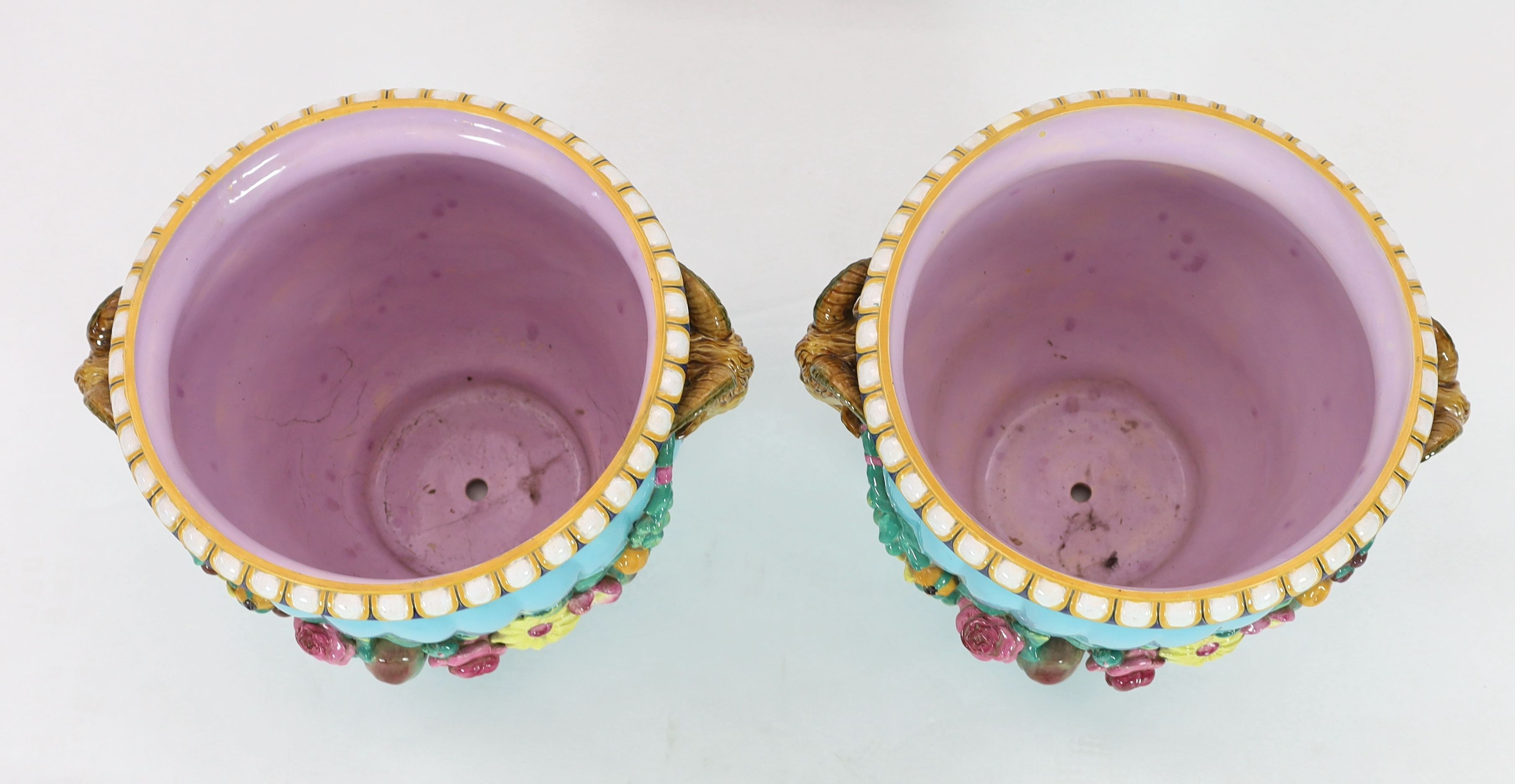 A pair of Minton classical revival majolica jardinieres, late 19th century, 37cm high, restored